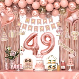 49th Birthday Decorations for Women Girls, Happy 49 Birthday Decorations for Her, Rose Gold Birthday Party Supplies with Banner, Number Balloons, Fringe Curtains, Hanging Swirls