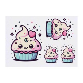 4 x 'Kawaii Cupcake' Temporary Tattoos - Water Resistant, Skin-Safe, Non-Toxic Transfers, Mixed Sizes (TO00070644)