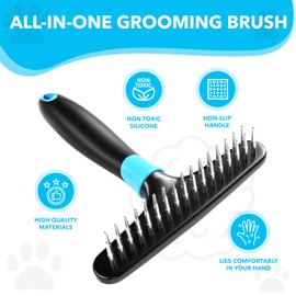 DOGI Deshedding Brush - Undercoat Rake for Dogs, Cats, Matted, Short, Long Hair Coats - Double Row Stainless Steel Pins - Reduce Shedding by 90% (Blue)