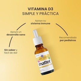 Matter Desol Kids Vitaminas para Niños, Vitamina D3 (Colecalciferol) en Gotas, Apoyo al Desarrollo Óseo y Bienestar Infantil, Libre de Alérgenos, 600 