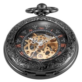 Whodoit Simple Black Hollow Transparent Cover Design Mechanical Pocket Watch, Men's FOB Chain Roman Digital Steampunk Mechanical Pocket Watches for Men-Black