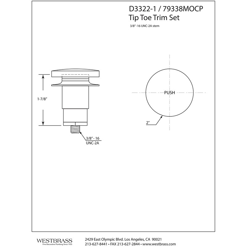 Westbrass 79338MOCP Replacement Tip-Toe Bathtub Drain Stopper with 3/8" Stem,