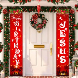 Christmas Nativity Banners for Front Door, Happy Birthday Jesus Religious Christmas Party Decorations, Large Nativity Scene Outdoor Signs for Yard, Jesus Christmas Banners for Outside Yard Decor