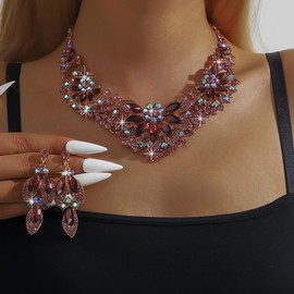 Chargances Fashion Crystal Chunky Statement Necklace Earring Sets Sparkly Rhinestone Beaded Choker Leaf Dangle Earrings Wedding Jewelry for Women Bridal (Purple)