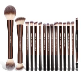MAANGE 15 PCS 메이크업 브러시 더블엔드 파운데이션 양면 라운드 각도 컨투 세트 MAANGE 15 PCS Makeup Brush Double-end Foundation Dual Round Angle Contour Set [Brown]