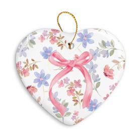 QIYUHOY Preppy Girly Gifts Christmas Ornament Keepsake Sign, Pink Coquette Bow Pastel Floral Ornaments for Christmas Tree, Ceramic Heart Keepsake Bow Themed Gifts for Women,Hanging Ornaments