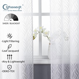Chyhomenyc Marilyn White Sheer Curtains 54 Inch Length for Bedroom, Light Filtering Soft 3D Leaf Clip Jacquard Textured Rod Pocket Short Sheer Curtains for Living Room Window, 38Wx54L Inches, 2 Panels