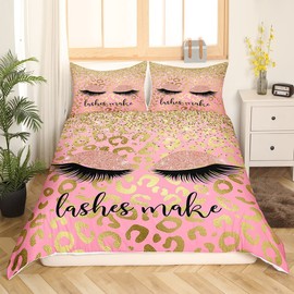 Manfei Cute Eyelash Duvet Cover Set Full Size,Gold Leopard Glitter Bedding Set 3pcs for Kids Girls Woman Bedroom Decor,Beauty Glamor Comforter Cover,Pink Princess Attractive Quilt Cover,2 Pillowcases