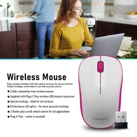 Dynamode Wireless Mouse with Mini USB Receiver - Optical Cordless Mouse for Laptop, Computer, Macbook, Gaming, Working - 2.4Ghz Small Silent White/Pink Portable Mouse Up To 10m with USB Adaptor