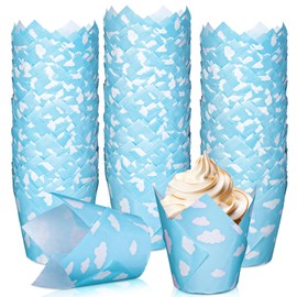 Whaline 200Pcs Blue Cloud Tulip Cupcake Liners White Light Blue Sky Tulip Cupcake Wrappers Muffin Baking Cups for Wedding Baby Shower Birthday Party Decor