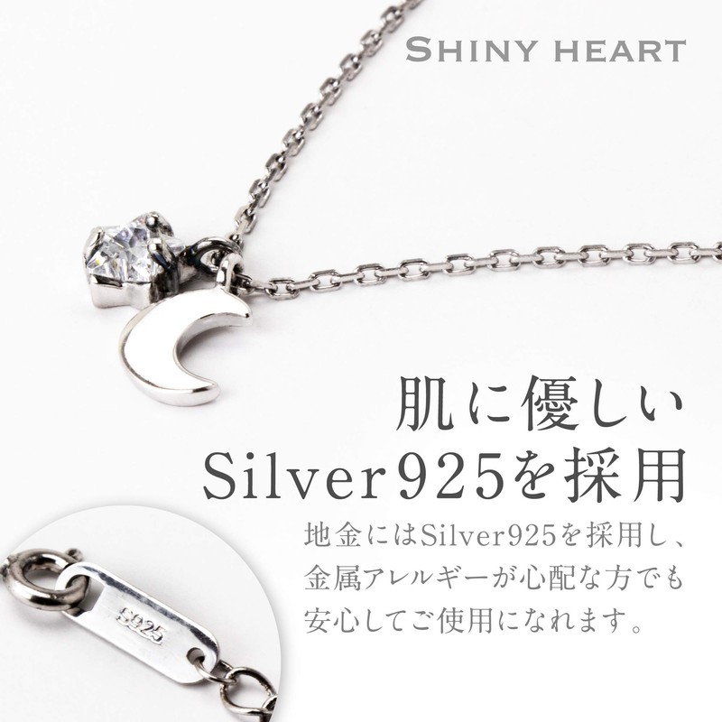 SNINY HEART Necklace, Women's Star, Moon Motif (Silver), Cubic Zirconia,