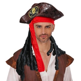 PerFest Pirate Captain Tricorn Hat with Integrated Black Dreadlock Wig. Handcrafted Brown Faux Leather Costume Accessory for Dress-Up Parties