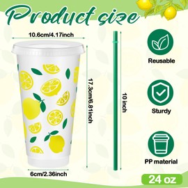 Chuangdi 12 Set 24 Oz Fruit Party Cups Reusable Plastic Cups with Lids and Straws Summer Red Watermelon Strawberry Lemon Orange Cold Beverage Drinking Container for Fruit Birthday Party Supplies