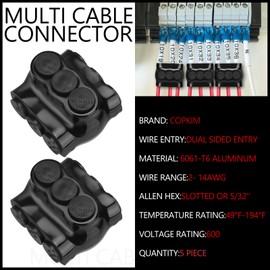 Copkim 5 Pack Black Multi Cable Connector Insulated Multi Tap Connector 3 Wire Port Splice Connector Dual Sided Entry Prefilled with Oxide Inhibitor (1.9''L x1.32''H)