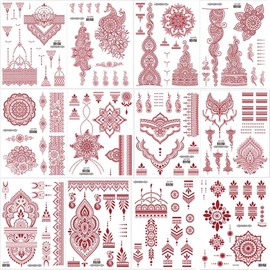 12 Sheets Red Henna Tattoo Kit, Waterproof Henna Tattoos Stickers for Women Wedding Party Festival Decorations 736