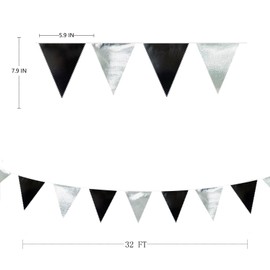 32 ft Black and Silver Party Decorations Triangular Metallic Fabric Bunting Banner Garland for Birthday Graduation Retirement Wedding Bachelorette Bridal Shower Disco Party Supplies