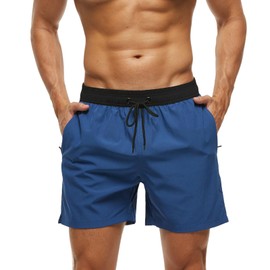 Men's Swimming Trunks with Zip Pocket, Quick-Drying Breathable Swimming Trunks with Mesh Lining, Beach Shorts for Surf Sports Swim Pool, Colour stitching navy, M