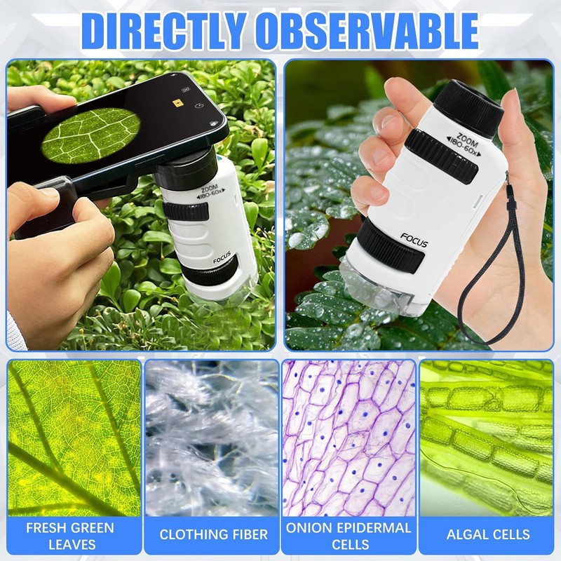 Pocket Microscope for Children, 60 x 180 x Portable Microscope,