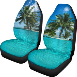 Amzbeauty Tropical Hawaiian Palm Tree Printed Front Seat Cover 2 Pcs, Universal Vehicle Seat Protector Mat Covers, Fit Most Cars, Sedan, SUV, Van Truck