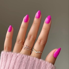 Hot Pink Press on Nails Short Oval, SXVME Solid Color Acrylic Fake Nail Short Round, Neon False Nail Press ons Handmade of Gel, Natural Full Cover Glue on Nails For Women Daily Wear 24Pcs