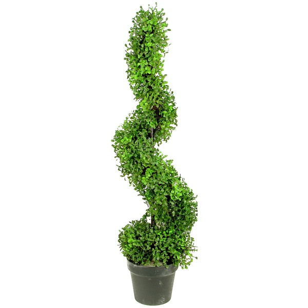 Admired By Nature 3' Artificial Boxwood Leave Spiral Topiary Plant Tree in Plastic Pot, Green/Two-Tone
