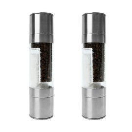 2PCS 2 in 1 Salt and Pepper Grinder Adjustable Coarseness Stainless Steel Mill for Kitchen, Outdoor Barbecue Dual Rotor Combo, Manual Herb Spice Shaker, Refillable Clear Acrylic Chamber All-in-One