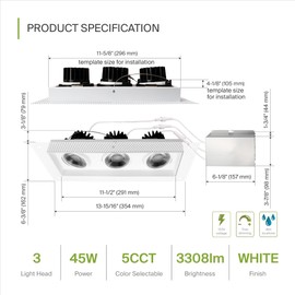 ASD 3/4 Inch LED Recessed Lights 3-Heads Adjustable, Trimless Recessed Lighting 45W, Airtight Gimbal Downlight, 2700K/3000K/3500K/4000K/5000K, Dimmable Ceiling Spotlight, Wet & IC Rated, White, ETL
