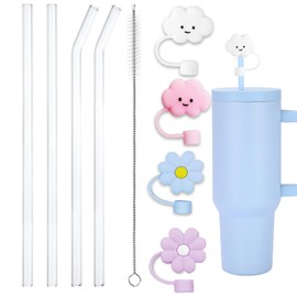 Paquete de 4 Pajitas de Vidrio, 4 Pieza Tapas de Silicona para Popote, 1 Cepillos de Limpieza Reutilizables, Pajitas 310mm de Vidrio, Tapas 10mm de Silicona para Popote