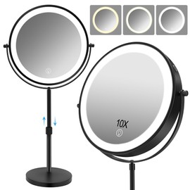 MEKOTRIN 10x Large Lighted Makeup Mirror, Rechargeable 8.7" Double-Sided Vanity Mirror with 3 Color Dimmable Lights, 1X/10X Height Adjustable Magnifying Mirror, 360° Swivel, for Women Girl(Black)
