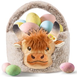 Easter Basket, Soft Highland Cow Plush Baskets, Easter Egg Hunt Buckets, Easter Decorations Indoor Outdoor, Cute Easter Gifts for Kids, Adults, Teens, Toddlers, Girls