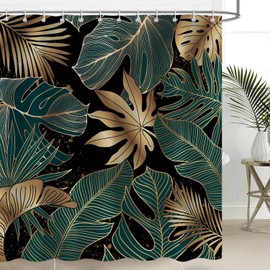 JAZEAOI Green Tropical Leaves Shower Curtain, Modern Abstract Retro Monstera Palm Dark Plant Bathroom Decor Set, Black Gold Waterproof Polyester Fabric Bath Curtain with Hooks 72x72 Inch