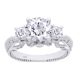 SAVEARTH DIAMONDS Vintage Filigree Style, Round Cut Sparkling Cubic Zirconia Three Stone Engagement Promise Ring In 14k White Gold Over Sterling Silver Jewelry For Women Gifts For Her Size-5