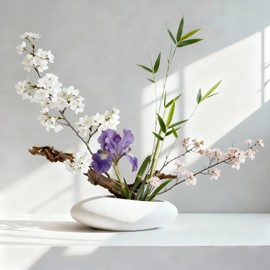 Flower Frog Vase Kit, 2-Inch Brass Florist Frog for Arrangements and Ceramic Water Drop Pot, Elegant Ikebana Flower Holder for Cut Flowers, Floral Decor Kit (White Large Size)