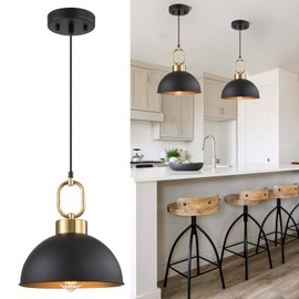 Farmhouse Pendant Light Fixture 1 Pack, Space Saving Industrial 10.2 in Hanging Light, Matte Black with Gold Handle, Adjustable Height, Vintage Shade, Brightness, Kitchen, Dining, Living Room