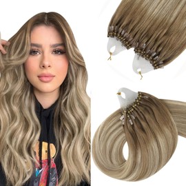 YoungSee Micro Loop Hair Extensions 14 Inch Micro Beads Hair Extensions Human Hair Light Brown with Blonde Balayage Micro Ring Human Hair Extensions Micro Tip Hair Extensions 1g/S 50g
