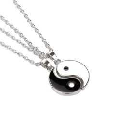 Art Attack Enamel Yin Yang Charm Chain Necklace Set For 2, Peace Love Happiness Besties Best Friends Friendship Forever BFF Black White Pendant Gift (Silver)