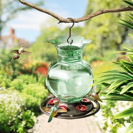 Auslar Hummingbird Feeder, Green Glass Hummingbird Feeder for Outdoors Hanging with Ant Moat, 5 Simulation Flowers Feeding Ports, 23 Ounces, Rustproof, Fade Proof, Pomegranate Shape