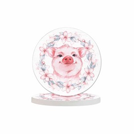 Pznen Cute Pink Pig Drink Coasters Modern Watercolor Delicate Bouquet Flowers Animal Portrait Housewarming Presentss for New Home Present for Friends,2 Pcs,4 X 4 X 0.35 Inches for Men Women