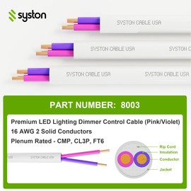 Syston Cable Technology 16/2 LED Lighting Dimmer Dimming Luminaire Control Wire Cable,16 AWG 2 Conductors Solid Bare Copper Unshielded Plenum Rated CMP CL3P FT6, for Ballast Wiring and Connection