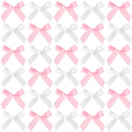 Winsyison 50pcs Mini Bows for Crafts, Soft Satin Ribbon Bowknot Decor, Premade Craft Bows for Wrapping Flower Packaging Card Making Wedding Birthday Party- Pink & White