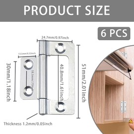 6 PCS Flush Hinges, Heavy Duty Zinc Plated Cabinet Hingets with Screws, Silent Self Closing Concealed Hinges for Doors, Cupboards and Furniture (51x25x1.2mm), DIY and Professional Installation