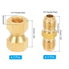 PATIKIL 2 Pcs 1/4" x 1/4" Female Flare Swivel Brass Adapter, 4 Pcs 1/4" x 1/4" Male Flare Coupler Coupling Brass Pipe Fittings, Union Flare Tubing Fitting Valve Connector