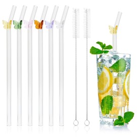 Glass Straws with Charms,8 Pcs Reusable Bent Straws with 2 Cleaning Brushes, Clear Straws Drinking for Smoothies Juice Coffee Milkshakes
