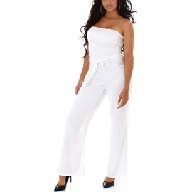 Jela London Women's Lightweight Bandeau Jumpsuit Summer Stretch Satin, White