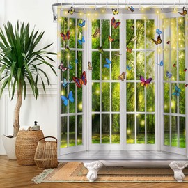 SDOTPMT 180x180cm Spring Window View Shower Curtain Fantasy Magic Green Forest White Bath Curtain Colorful Psychedelic Butterfly Faint Sunshine Fairy Bathtub Fabric Waterproof Curtain with Hooks