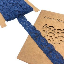 LUMKET Lace Realm White Stretch Floral Pattern Lace Ribbon Trim Lace by The Roll for Cards, Decorating, Sewing, Hair Bow Making, Gift Package Wrapping, Floral Designing & Crafts (3608 Navy)