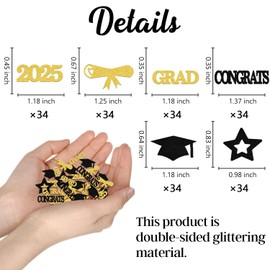 200Pcs Congrats Grad Confetti Graduation Confetti Class of 2025 We Are so Proud of You Decoration Cap Diploma Star Party Supplies Gold Black Glitter