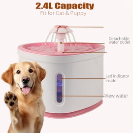 2.4L Cat Water Fountain-Pet Drinking Fountain,Automatic Cat Puppy Dog Water Dispenser,LED Night Vision Water Level Window w/ 3 Replacement Filters(Pink)