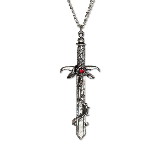 Gothic Rose on Thorns Surrounding Sword Medieval Renaissance Pendant Necklace