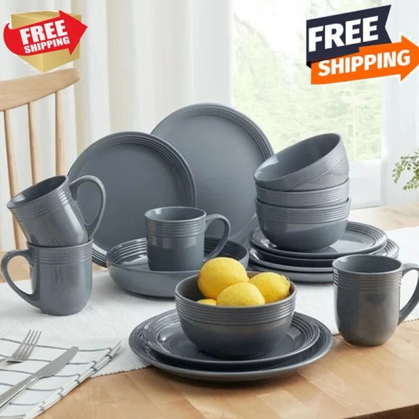 Unbranded Bowl & Plate &Mug Set 16-Piece Stoneware Gray Dinnerware